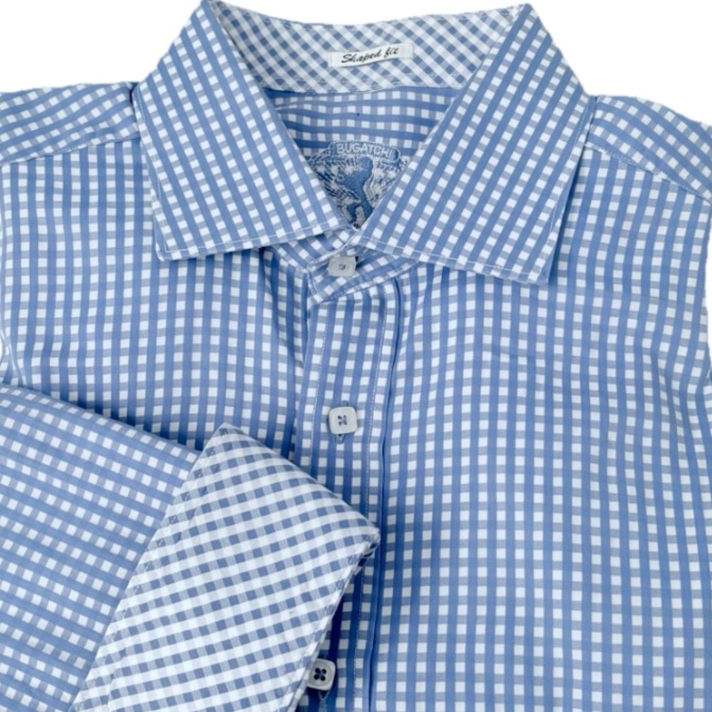Bugatchi men's button-down shirt blue and white gingham shaped fit size L